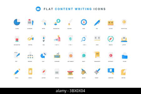 Sfumatura e penna dell'illustrazione vettoriale dei simboli sottili dello scrittore. Idea creativa e testo degli autori creazione di articoli, pubblicazione, protezione del copyright del set di icone piatte del libro bestseller Illustrazione Vettoriale