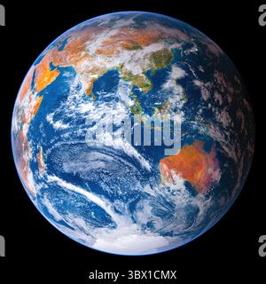 Immagine satellitare della Terra incentrata sull'Asia e sulla regione del Pacifico, che mostra chiare vedute di India, Sud-est asiatico, Cina e Australia, con turbolenze Foto Stock