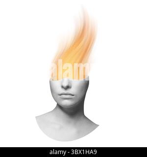Collage surreale raffigurante un ritratto di donna con fiamme di fuoco sulla testa su sfondo bianco. Effetto granulosità, grunge e sfocatura del movimento applicato. Vinta retrò Foto Stock