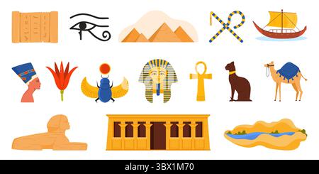 Viaggia verso l'Egitto, elementi della cultura antica e monumenti egiziani. Piramidi di Giza e Sfinge, Cleopatra e vecchio papiro con geroglifici, scarabeo e simbolo Ankh illustrazione vettoriale del cartone animato Illustrazione Vettoriale