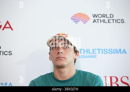 25 agosto 2021, Losanna, Vaud, Svizzera: La Svezia Armand DUPLANTIS durante la conferenza stampa a Losanna in vista dello scontro finale della Wanda Diamond League domani 25 agosto 2021 a Losanna, Svizzera (Credit Image: © Mickael Chavet via ZUMA Press Wire) Foto Stock