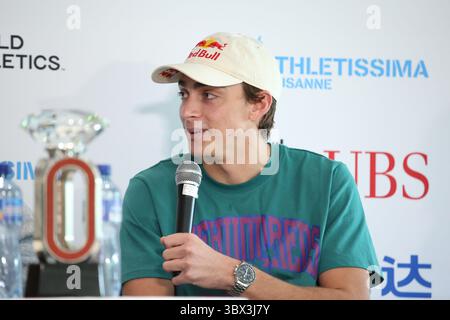 25 agosto 2021, Losanna, Vaud, Svizzera: La Svezia Armand DUPLANTIS durante la conferenza stampa a Losanna in vista dello scontro finale della Wanda Diamond League domani 25 agosto 2021 a Losanna, Svizzera (Credit Image: © Mickael Chavet via ZUMA Press Wire) Foto Stock