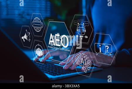 Rispondere al concetto di strategia di ottimizzazione del motore (AEO). Persona che lavora con AEO (Answer Engine Optimization), icone ai, chatbot e ricerca, moderna Foto Stock