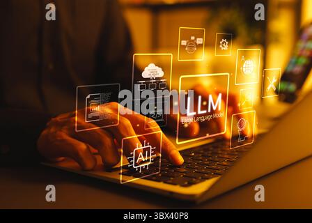 LLM Large Language Model e concetto di tecnologia ai. Uomo che lavora con icone di interfaccia LLM, intelligenza artificiale, deep learning, apprendimento automatico, Foto Stock