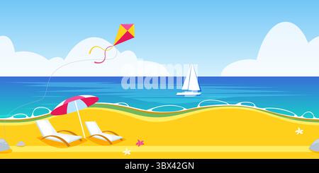 Sfondo orizzontale senza cuciture con paesaggio estivo sul mare. Cartoni animati Vector flat raffiguranti spiaggia, ombrellone, chaise longue, yacht. TR Illustrazione Vettoriale
