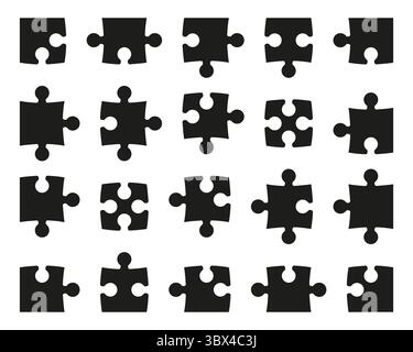 Set di icone di puzzle a pezzi neri. Seghetto alternativo tessere sagoma sagoma. Esempio di puzzle per le illustrazioni concettuali. Puzzle piatto isolato su Illustrazione Vettoriale