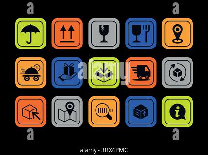 Raccolta di varie icone, patch, etichette, etichette, adesivi, spedizione e consegna. Set vettoriale di grafici di consegna, imballaggio e logistica. Illustrazione Vettoriale