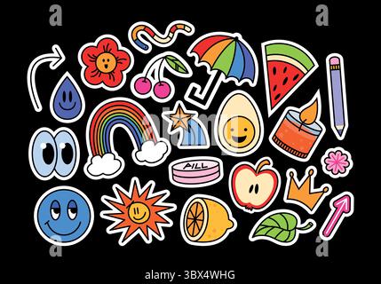 Divertente raccolta di patch, etichette, tag y2k. Adesivi piatti con brevi frasi in stile cartoni animati retrò. Set vettoriale Groovy, etichette promozionali alla moda negli anni '90 Illustrazione Vettoriale
