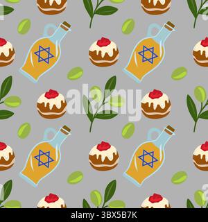 Motivo vettoriale senza cuciture con sufganiyot, rami di ulivo e decanter di olio con Star of David, ideale per le celebrazioni di Hanukkah. Illustrazione Vettoriale