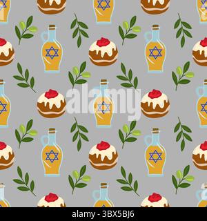 Motivo vettoriale senza cuciture con sufganiyot, rami di ulivo e bottiglie di olio con Star of David, ideale per feste di Hanukkah e desideri festivi Illustrazione Vettoriale