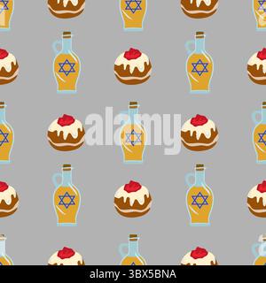 Motivo vettoriale senza cuciture con Sufganiyot e bottiglie di olio, con la Stella di David, per festeggiare Hanukkah. Illustrazione Vettoriale