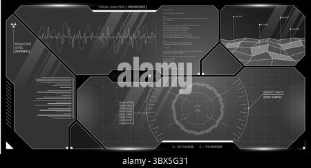 Interfaccia cockpit virtuale con radar IA, griglia di scansione e pannelli fantascientifici. L'HUD trasparente visualizza un dashboard futuristico per il controllo spaziale cyberpunk o la progettazione di sistemi VR. Illustrazione Vettoriale