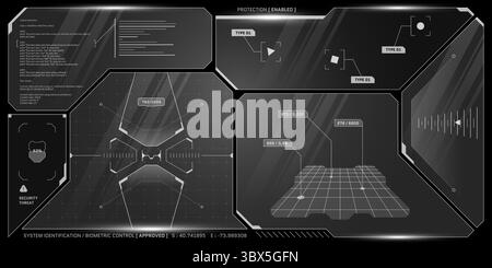 Interfaccia della cabina di pilotaggio della navicella spaziale SciFi con radar, carte e ologrammi. I pannelli in HUD trasparente fluttuano su un cruscotto digitale in bianco e nero in un'elegante e futuristica sala di controllo. Illustrazione Vettoriale