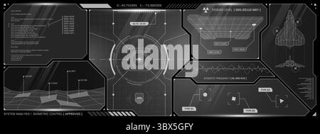 L'interfaccia HUD avanzata mostra il radar IA, le scansioni del sistema robotizzato e le carte olografiche. Il display cyberpunk combina il layout tecnologico con la vista dell'abitacolo e il design della dashboard virtuale dei giochi. Illustrazione Vettoriale