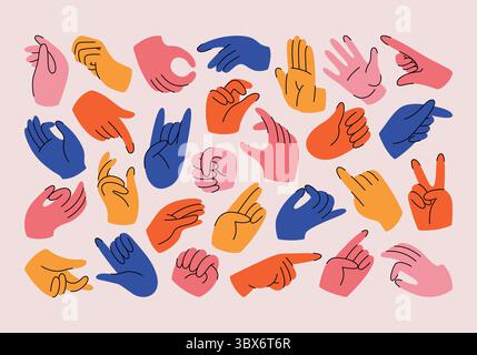 Set di mani con diversi gesti e segni. Illustrazioni vettoriali piatte disegnate a mano, mani che mostrano emozioni, varie posizioni di mani e dita. Illustrazione Vettoriale