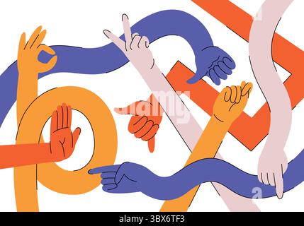 Diverse posizioni di mani e dita: Puntamento, presa, ok, scatto delle dita, gesti delle mani. Illustrazione di palmi e polsi umani in stile bizzarro. Illustrazione Vettoriale