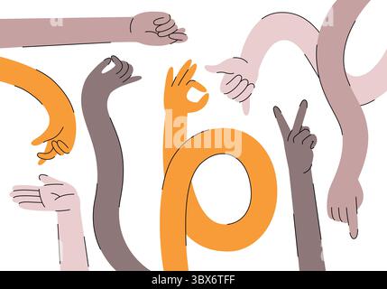 Diverse posizioni di mani e dita: Puntamento, presa, ok, scatto delle dita, gesti delle mani. Illustrazione di braccia, palmi e polsi umani in stile funky. Illustrazione Vettoriale