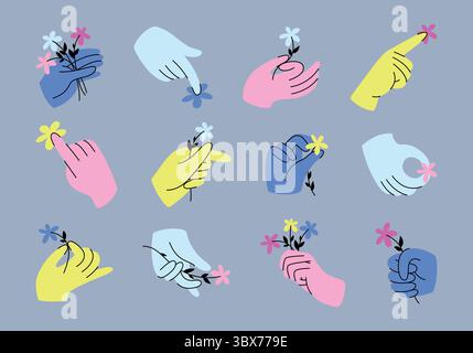 Collezione di cartoni animati retrò di adesivi mani in varie posizioni per una vacanza, un compleanno, San Valentino, la festa della mamma, 8 marzo. Illustrazione vettoriale. Illustrazione Vettoriale