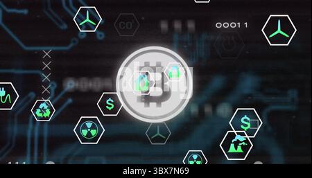 Simbolo Bitcoin galleggiante sullo sfondo del circuito, con turbine eoliche, dollaro, riciclaggio e icone plug Foto Stock