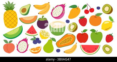 Set di sfondo illustrativo frutta estiva. Raccolta di diversi frutti tropicali. Illustrazione Vettoriale