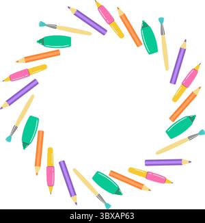 Una corona divertente e colorata di ritorno alla scuola con forniture scolastiche, matite, pennelli e pennarelli, perfetta per i progetti di ritorno alla scuola Illustrazione Vettoriale