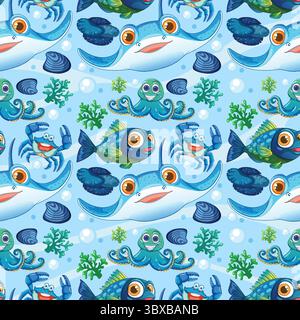 Creature marine vibranti in un design oceanico senza cuciture Illustrazione Vettoriale
