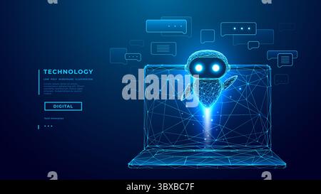 Robot AI o chatbot con bolle vocali Fly Over Opened laptop Illustrazione Vettoriale