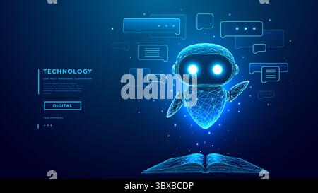 Robot AI o chatbot con bolle vocali Fly Over Opened Book Illustrazione Vettoriale