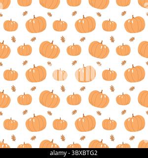 Motivo di zucca senza cuciture con foglie di quercia autunnale su sfondo bianco Illustrazione Vettoriale