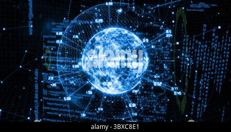Globo digitale fluttuante che rappresenta la rete dati nella griglia, con sovrapposizioni numeriche e tracce luminose Foto Stock