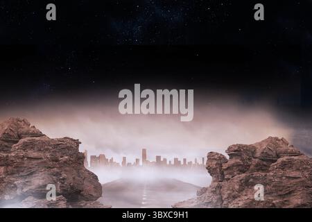 Design piatto che mostra strade dritte che tagliano le scogliere in una nebbia crescente, rivelando lo skyline della città distante Foto Stock