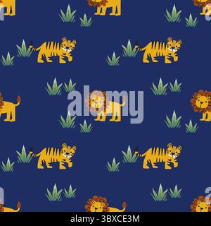 safari con leoni e tigre su uno sfondo blu scuro profondo Foto Stock