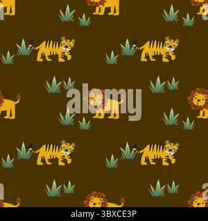 schema safari con leoni e tigre su un ricco marrone scuro Foto Stock