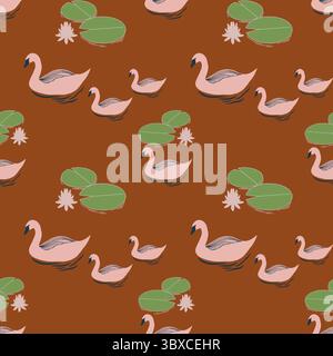 motivo vettoriale senza cuciture con cigno rosa e ninfee Foto Stock