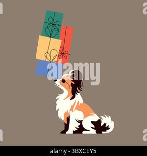 Simpatico cane cartoni animati che regala scatole regalo colorate sul naso. Illustrazione delle festività natalizie con un piccolo cane soffice e regali avvolti su un beige Illustrazione Vettoriale