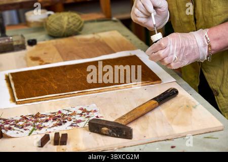 Pannello in legno spazzolato per artigianato decorativo con carta floreale fatta a mano. Progetto artistico ecologico con materiali naturali e carta botanica. DI creativo Foto Stock