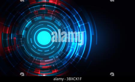 interfaccia hud futuristica digitale con anelli rossi e blu brillanti e forme astratte progettate per temi fantascientifici o cyber, perfette per la preparazione della tecnologia Illustrazione Vettoriale
