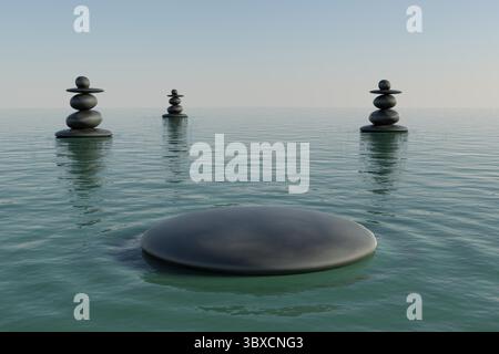 Illustrazione dal design piatto che mostra la pietra nera piatta galleggiante sull'acqua calma con tre cairns bilanciati Foto Stock