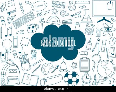 Illustrazione in stile boodle Back to School. Collage disegnato a mano di articoli di cancelleria per l'apprendimento scolastico. Semplici icone delle linee di inchiostro delle forniture per ufficio, Illustrazione Vettoriale