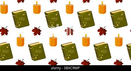 Motivo senza cuciture con libri verdi, candele brillanti e foglie d'acero rosso. Questo accogliente design autunnale crea un caldo umore stagionale. Ideale per carte digitali, Illustrazione Vettoriale