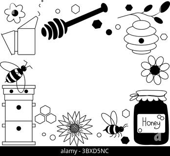 I fiori delle api mellifere incorniciano il modello ovale. Illustrazione della linea grafica vettoriale. Firma silhouette per logo, stampa, fumetti, moda, pop art, tavole, design, s. Illustrazione Vettoriale