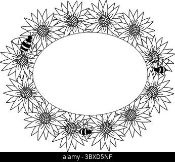 Sagoma ovale per telai di girasole e api. Illustrazione della linea grafica vettoriale. Per biglietti d'auguri, imballaggi ecologici, elementi di design Joyful Flower con stampa stagionale Illustrazione Vettoriale