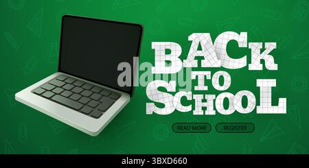 Design del modello vettoriale di testo di ritorno alla scuola. Saluto di ritorno a scuola con un computer portatile. Illustrazione vettoriale. Illustrazione Vettoriale