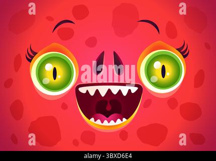 Vettoriale faccia carina di un mostro rosso per la maschera di Halloween. Kawaii volto di drago con occhi verdi per il costume di Halloween. Divertente troll face. Illustrazione Vettoriale
