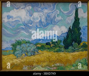 A Wheatfield, con cipressi, dipinto ad olio di Vincent van Gogh, 1889, The National Gallery, Londra, Inghilterra, REGNO UNITO Foto Stock