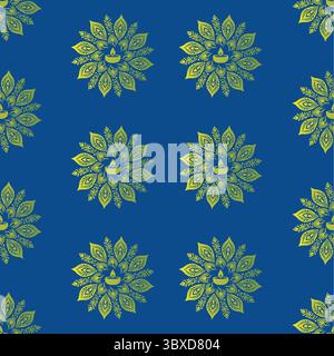 Motivo festivo senza cuciture con lampade Diwali Diya con rangoli floreali su sfondo blu reale. Illustrazione Vettoriale