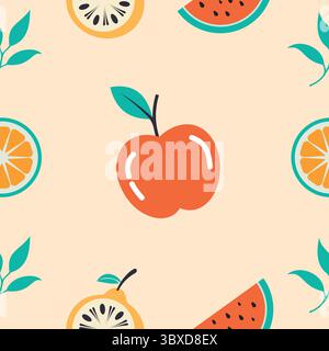 Motivo di frutta senza cuciture con fette di mela, agrumi e anguria su sfondo pesca per un arredamento perfetto. Illustrazione Vettoriale