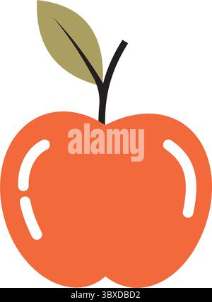 Mela arancione dal design minimalista con foglia verde e stelo nero, accentuata dalla luce bianca. Elegante vettore ideale per la salute, il branding alimentare o la grafica didattica. Illustrazione Vettoriale