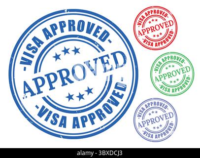 Un set di timbri per la raccolta di badge Visa Approved, un timbro per il permesso di ingresso in gomma Grunge Illustrazione Vettoriale