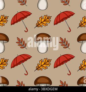 Motivo vettoriale senza cuciture con elementi autunnali: Ombrelli rossi, funghi marroni e foglie di quercia e ramoscello vivaci su sfondo beige Illustrazione Vettoriale